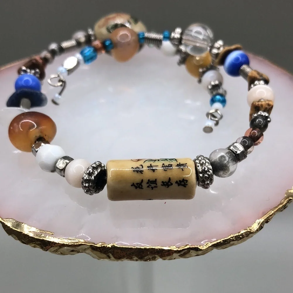 ARTISAN handmade Asian ceramic beads memory coil bracelet boho layering